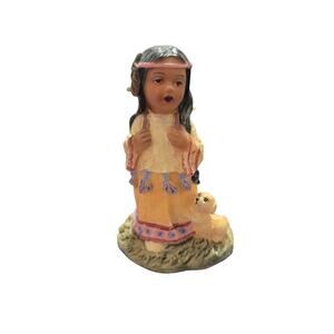 Tiny Vintage Native American Girl Figurine with pink Headband 3”